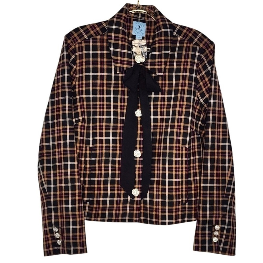 CeCe Plaid Bow‎ Rhinestone Button Jacket L Black Tan Pink Preppy Chic